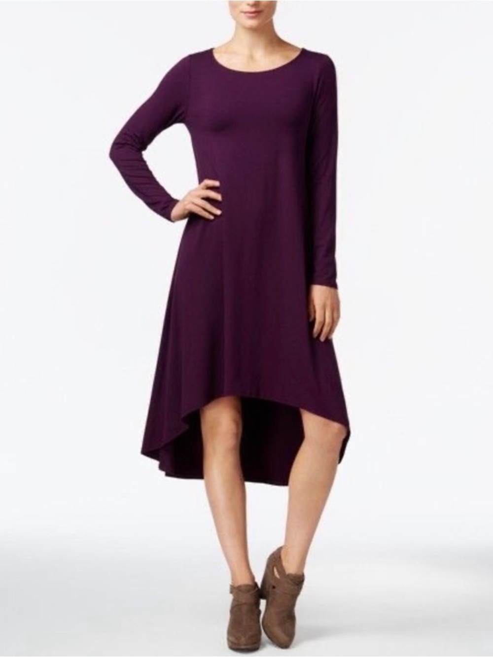 Eileen Fisher High-Low Jersey Dress Purple Raisinette Soft Stretch Minimalist S